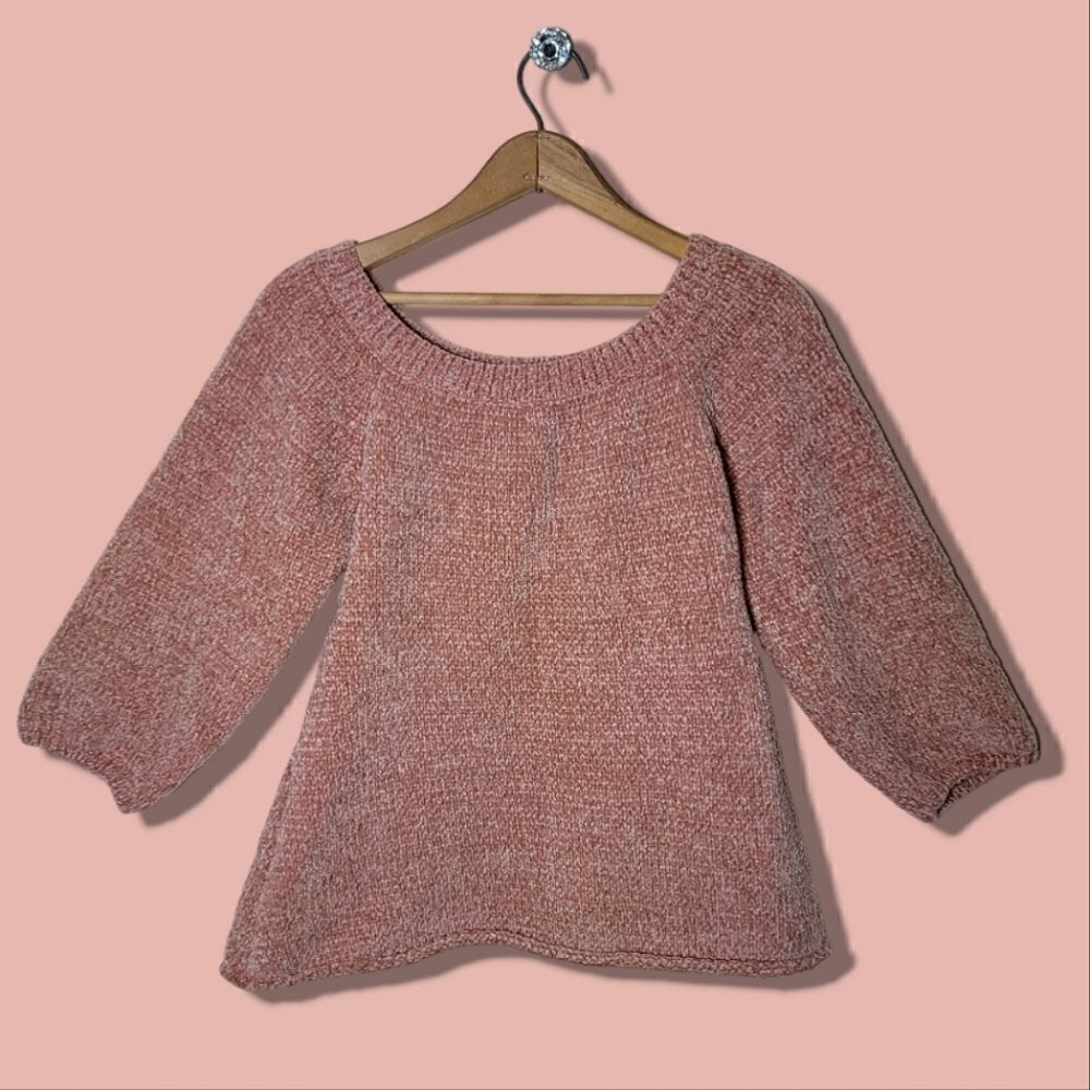 HYFVE Off The Shoulder Chenille Cropped Sleeve Cozy Blush Sweater
